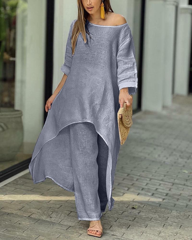 Moderne dames vrijetijdsset. Comfortabele tweedelige zomeroutfit voor stijlvolle en relaxte momenten. Dameskleding.