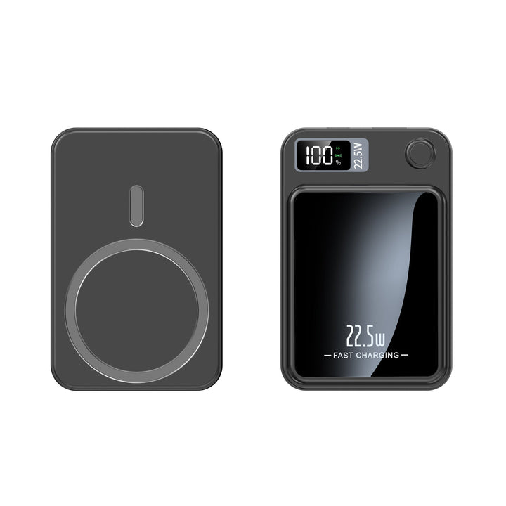 Compacte 10000mAh powerbank snellader op tafel, draadloos een smartphone opladend; modern en efficiënt.
