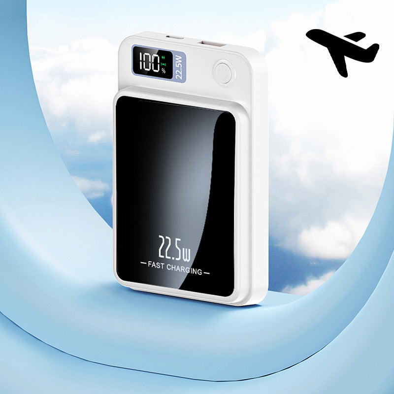 Draagbare 10000mAh powerbank met draadloze oplaadfunctie, ontworpen voor gemak en snelheid.