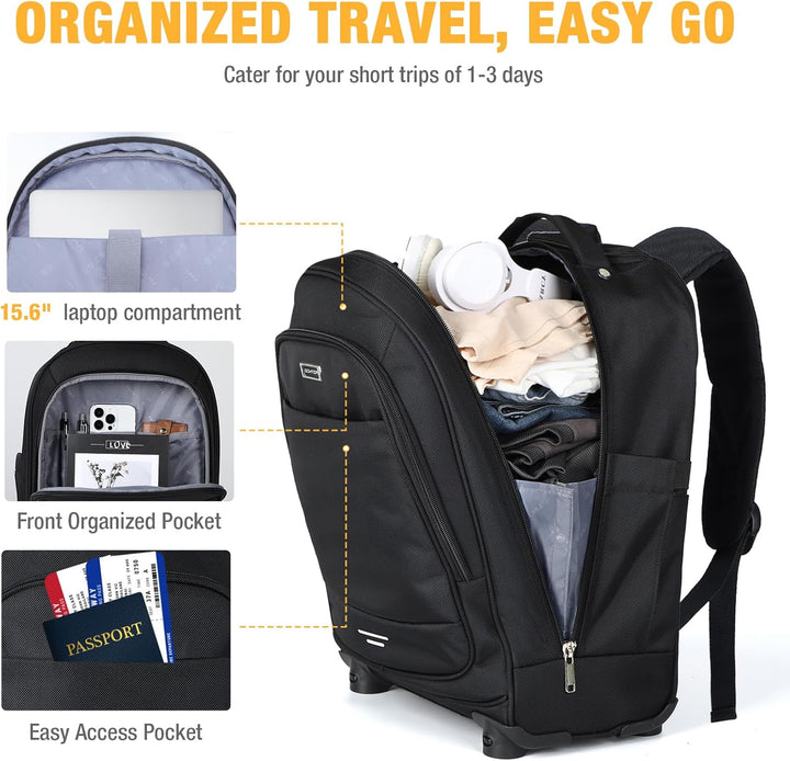 Flexibele rolling laptop rugzak (30L) met soepele zwenkwielen, perfect als handbagage of georganiseerde schooltas.