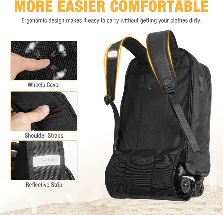 Georganiseerde compacte 30L laptop trolley rugzak met zwenkwielen, waterafstotend, ideaal als handbagage.