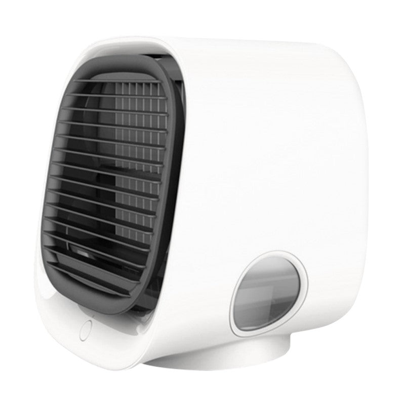 "Compacte airco 2-in-1 als luchtkoeler en bevochtiger, stijlvol design voor huis en kantoor, USB, met LED-verlichting."
