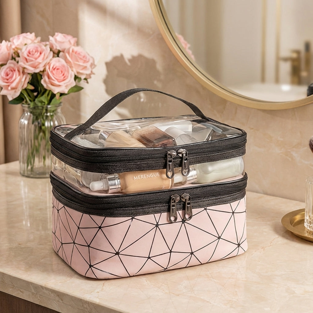 Compacte ClearVogue toilettas, transparant en waterdicht, ideaal voor cosmetica en reisbenodigdheden.