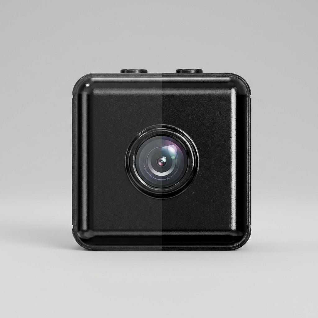 Compacte draadloze 1080P beveiligingscamera, zicht op voorkant met lens, ideaal voor huisbeveiliging.