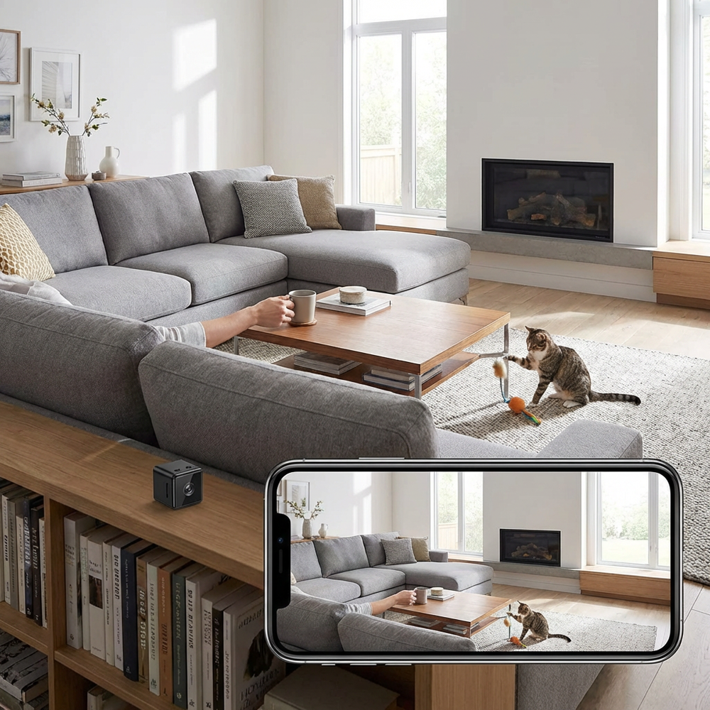 Witte compacte draadloze 1080P beveiligingscamera, perfect voor smart home bewaking, weerbestendig ontwerp.