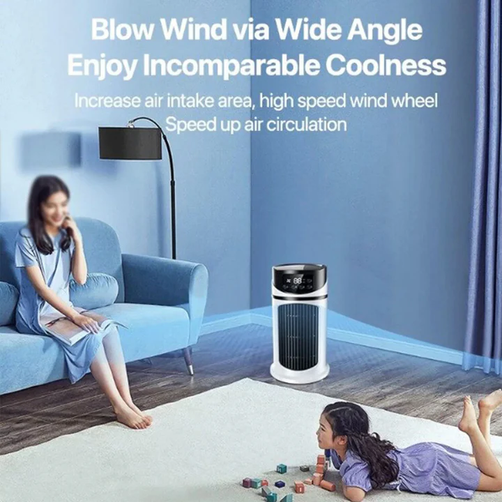 Mini airconditioner met ventilator en bevochtiger. USB-aangedreven voor efficiënte zomerkoeling in elke ruimte.