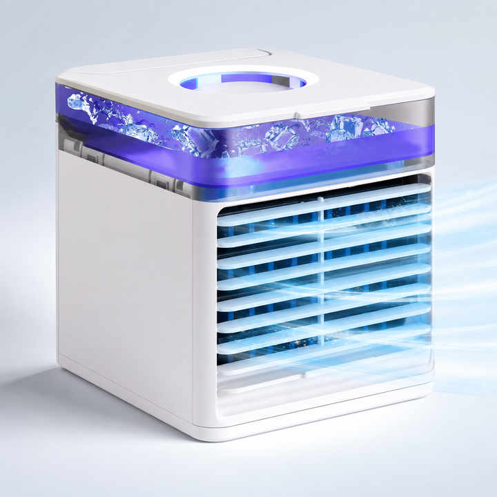 Compacte draagbare airconditioner en luchtbevochtiger, ideaal voor persoonlijke koeling op elk bureau of in elke kamer.