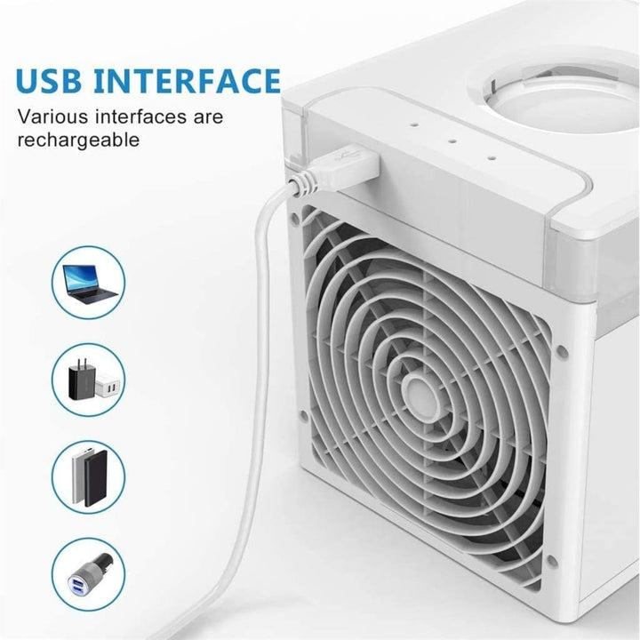 Multifunctionele compacte luchtkoeler, ventilator en bevochtiger. Onmisbaar huishoudelijk apparaat voor zomer comfort.