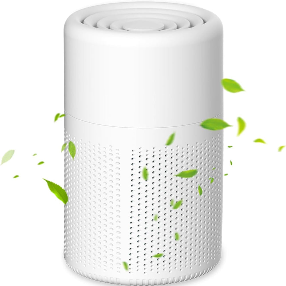Draagbare luchtreiniger zuivert de lucht in een moderne slaapkamer, vermindert allergenen en stof.