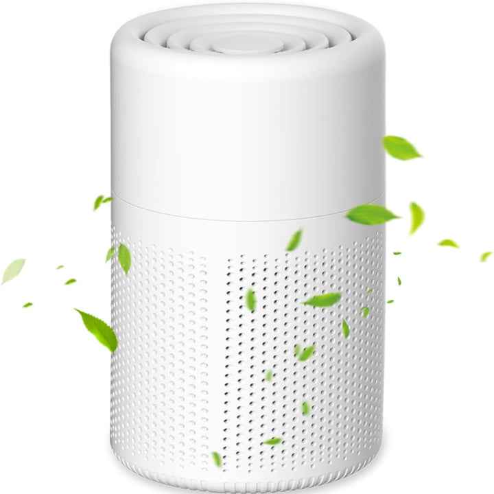Draagbare luchtreiniger zuivert de lucht in een moderne slaapkamer, vermindert allergenen en stof.
