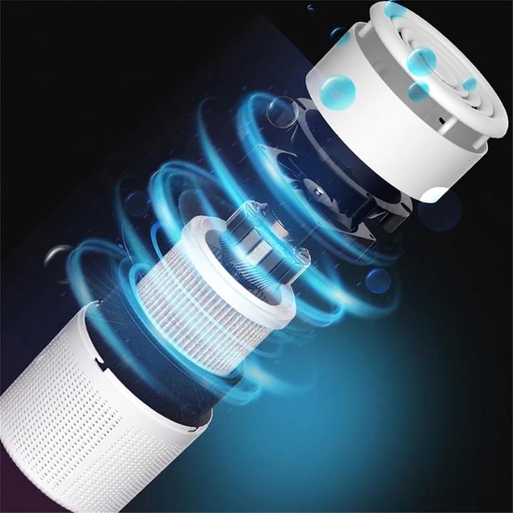 Close-up van True HEPA filter in luchtreiniger, essentieel voor effectieve luchtzuivering van binnenlucht.