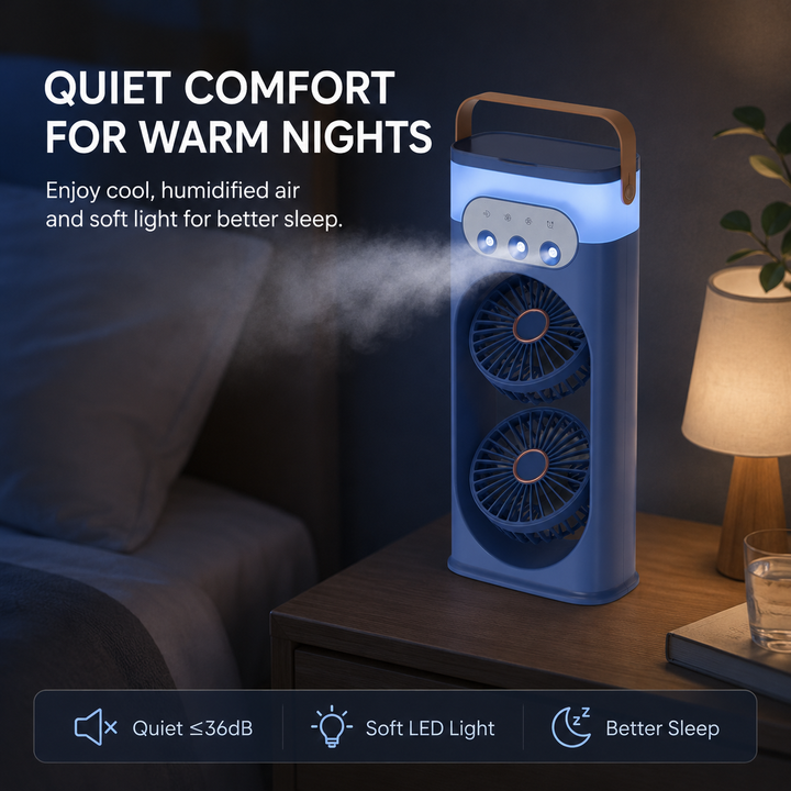 Compacte draagbare torenventilator met luchtbevochtiger, USB-voeding en geïntegreerd nachtlampje.