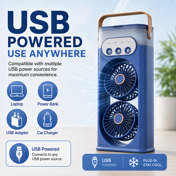 Comfortabele compacte USB ventilator met luchtbevochtiger en nachtlampje voor bureau of slaapkamer.