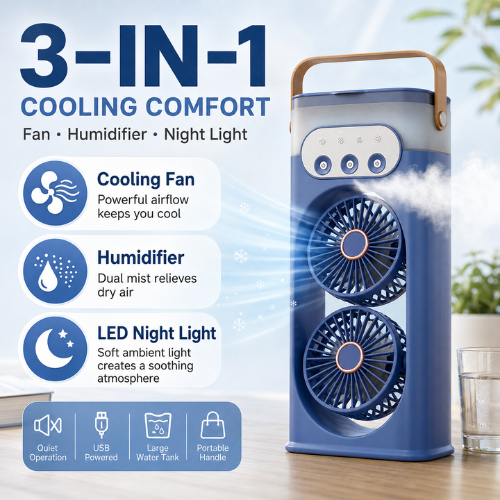 Strakke torenventilator met luchtbevochtiger, draagbaar design en sfeervol nachtlampje, perfect voor zomer.