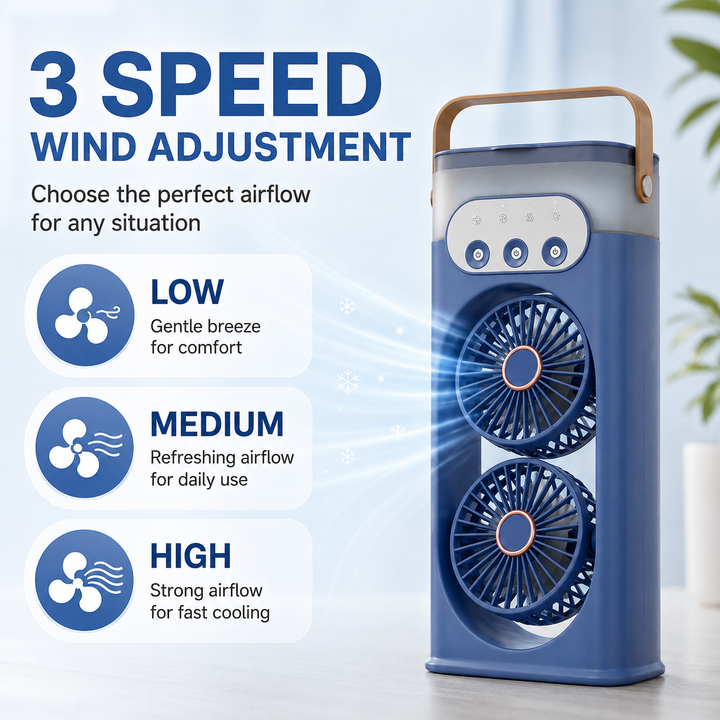 Compacte USB mistventilator met ingebouwde luchtbevochtiger, nachtlampje en efficiënte persoonlijke koeling.