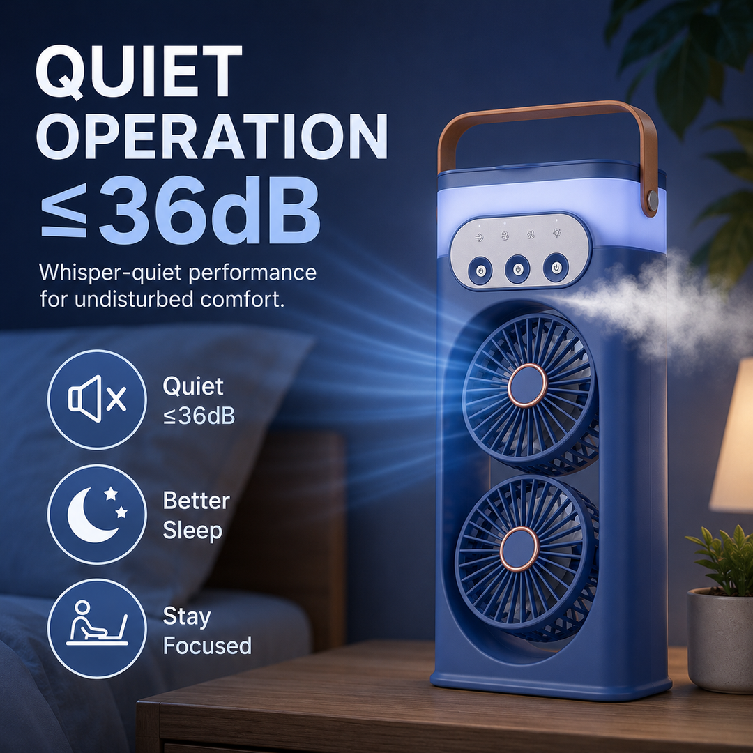 Multifunctionele bureauventilator: torenventilator met luchtbevochtiger, nachtlampje en USB-aansluiting.