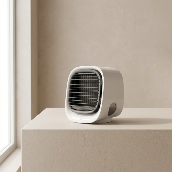 Compacte draagbare USB luchtkoeler in wit, perfect voor bureau. Persoonlijke ventilator met bevochtigingsfunctie.