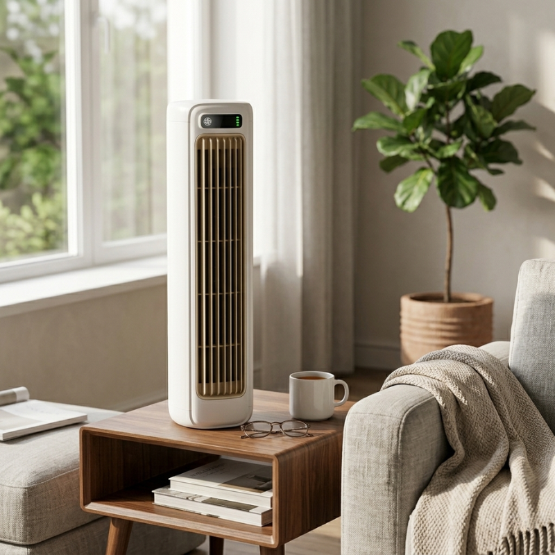 Witte zwenkventilator, USB oplaadbaar, voor persoonlijk comfort. Ideaal als compacte en stille bureauventilator.