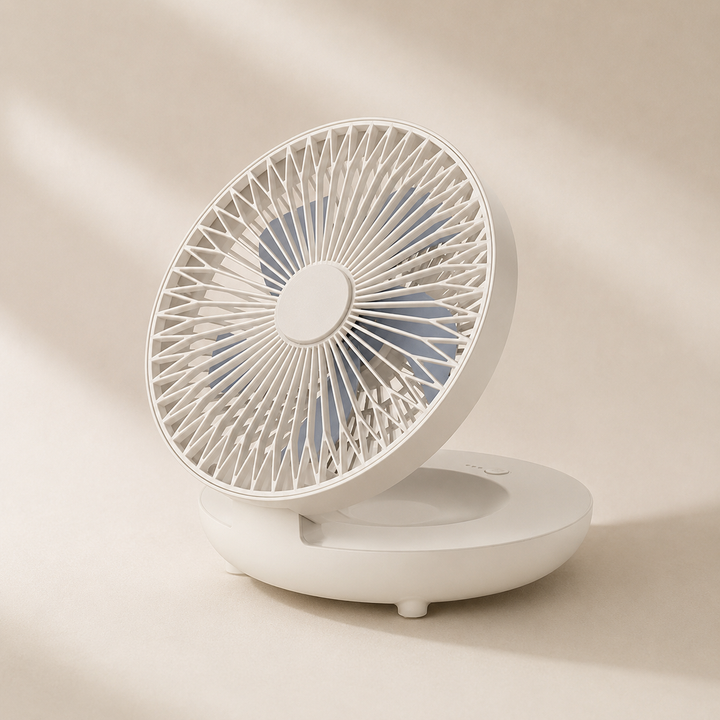 Compacte draagbare USB ventilator, oplaadbaar, voor persoonlijke koeling thuis of onderweg. Ideaal voor zomer.