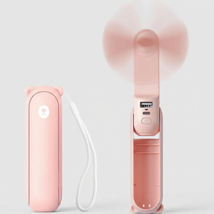 Multifunctionele 3-in-1 mini ventilator: koeling, powerbank en zaklamp. USB oplaadbaar, perfect voor onderweg.