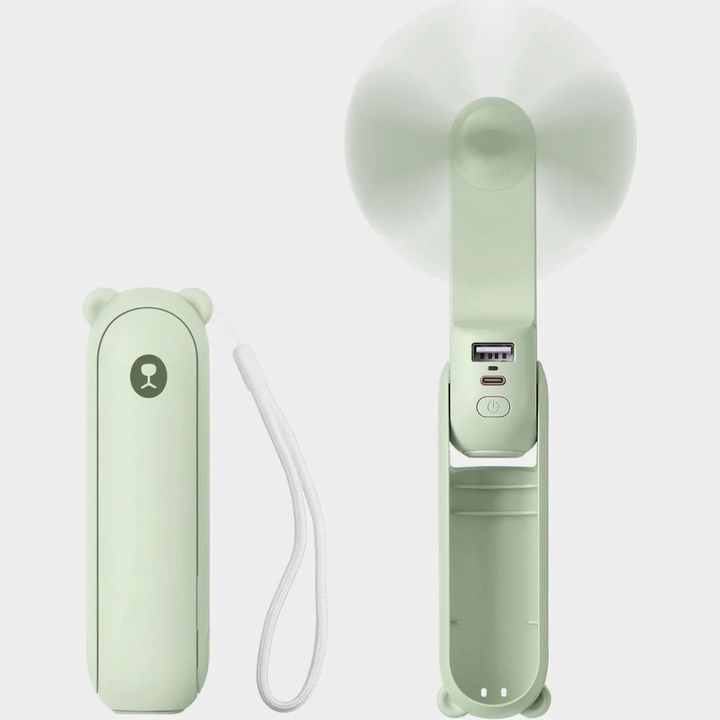 Draagbare koelventilator met powerbank & zaklamp, compact voor buitenleven. Essentieel zomer gadget voor reizen.