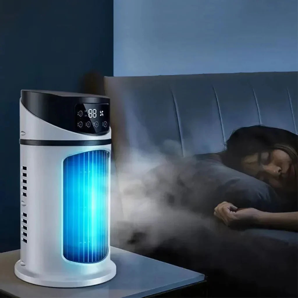 Compacte draagbare verdampingskoeler ventilator, ideaal voor persoonlijke koeling op bureau, slaapkamer of kantoor.