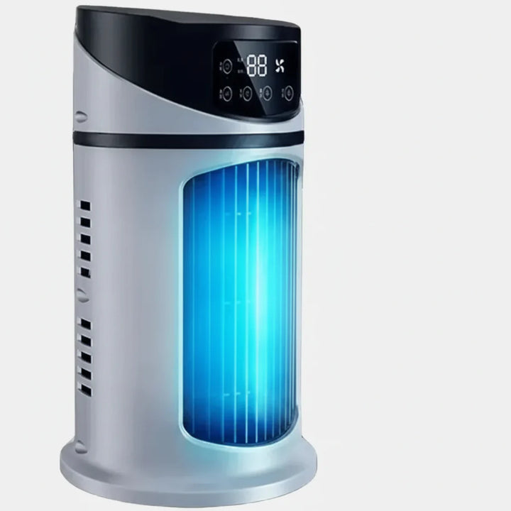 Mini verdampingskoeler met ventilator en luchtbevochtiger, perfect voor compacte koeling thuis of op kantoor.