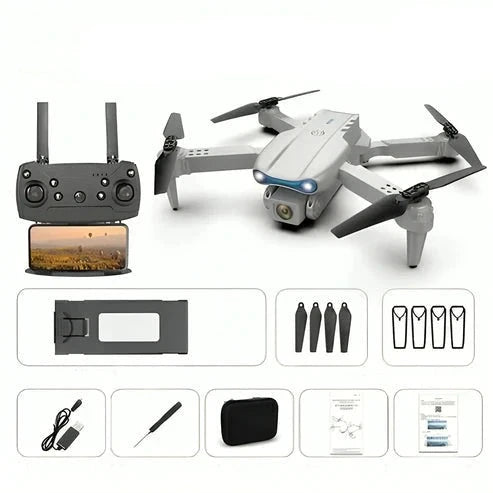 "Compacte drone met dual-camera, 4K UHD, lange vliegtijd, opvouwbaar, lichtgewicht, voor stabiele luchtfotografie."