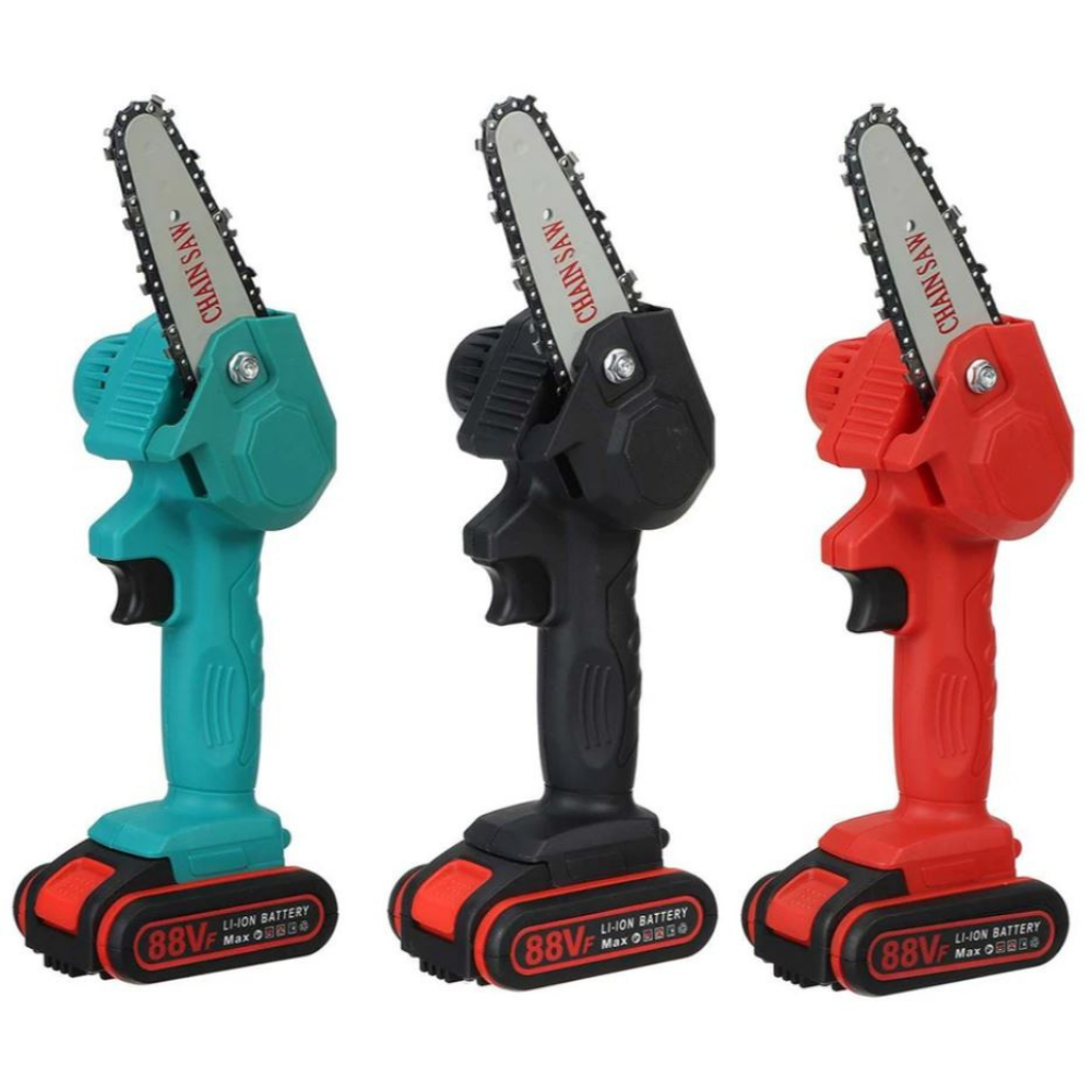 "Compacte elektrische kettingzaag voor tuinonderhoud, lichtgewicht, groen en oranje, eenvoudig met één hand te bedienen."