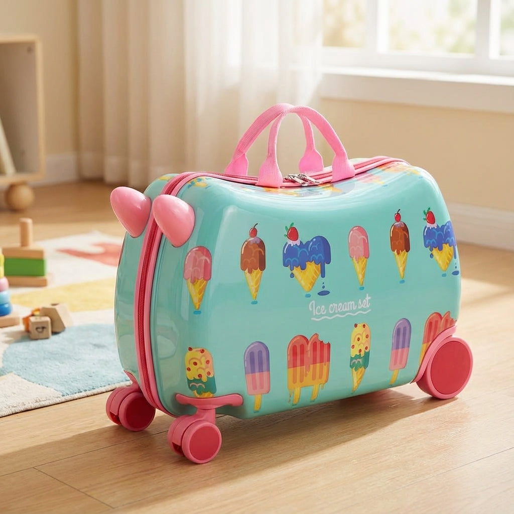 Compacte hardshell kinder reiskoffer met zitje voor vermoeide kindjes, ideaal voor reizen en avonturen.