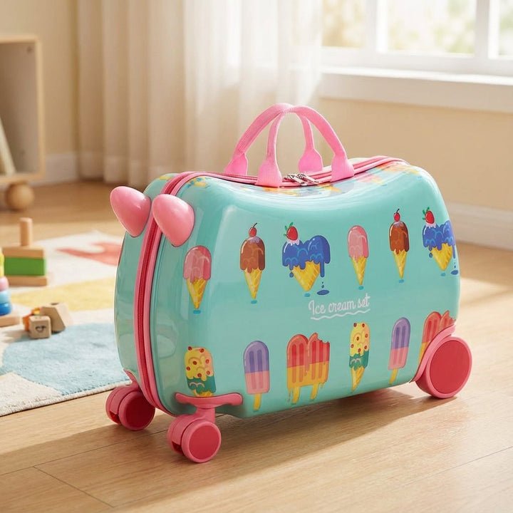 Compacte hardshell kinder reiskoffer met zitje voor vermoeide kindjes, ideaal voor reizen en avonturen.