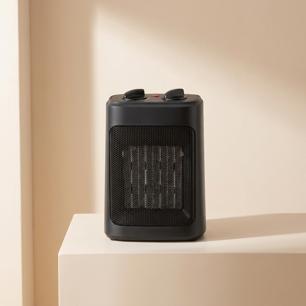 Compacte keramische binnenverwarmer met ventilator, perfect voor draagbare kamerverwarming thuis of kantoor.
