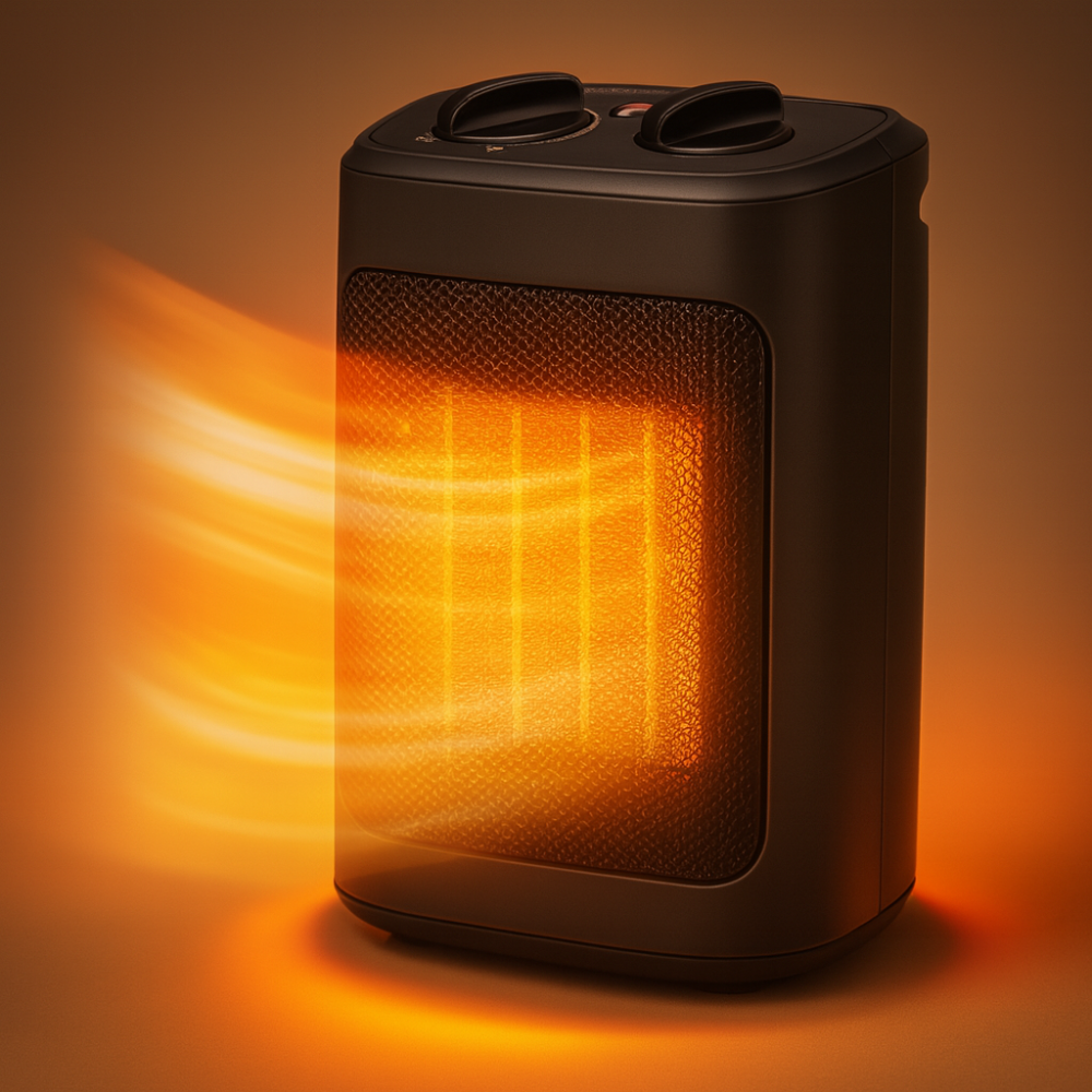 Stijlvolle compacte binnenverwarmer met keramische technologie en handige ventilatorfunctie voor comfort.