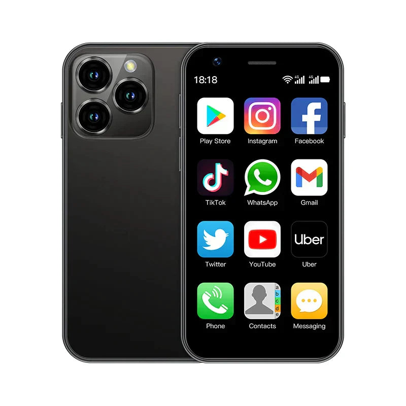 Mini Android-telefoon met helder 3-inch touchscreen, ideaal voor onderweg en compact gebruik.