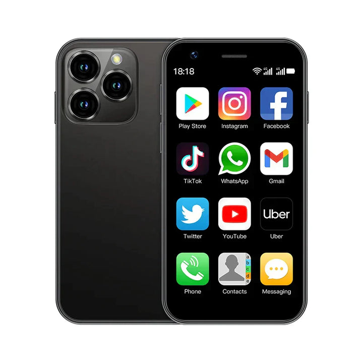 Mini Android-telefoon met helder 3-inch touchscreen, ideaal voor onderweg en compact gebruik.