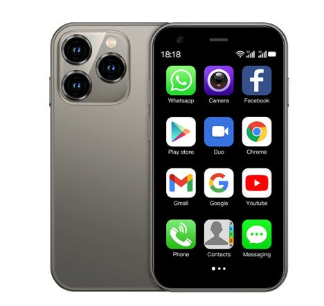 Zwarte mini Android-smartphone met 3-inch touchscreen en Dual-SIM functionaliteit, compact design.