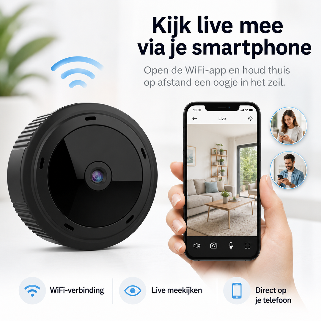 Mini WiFi babyfoon met Full HD beeld en nachtzicht, ideaal voor monitoring van je kindje.