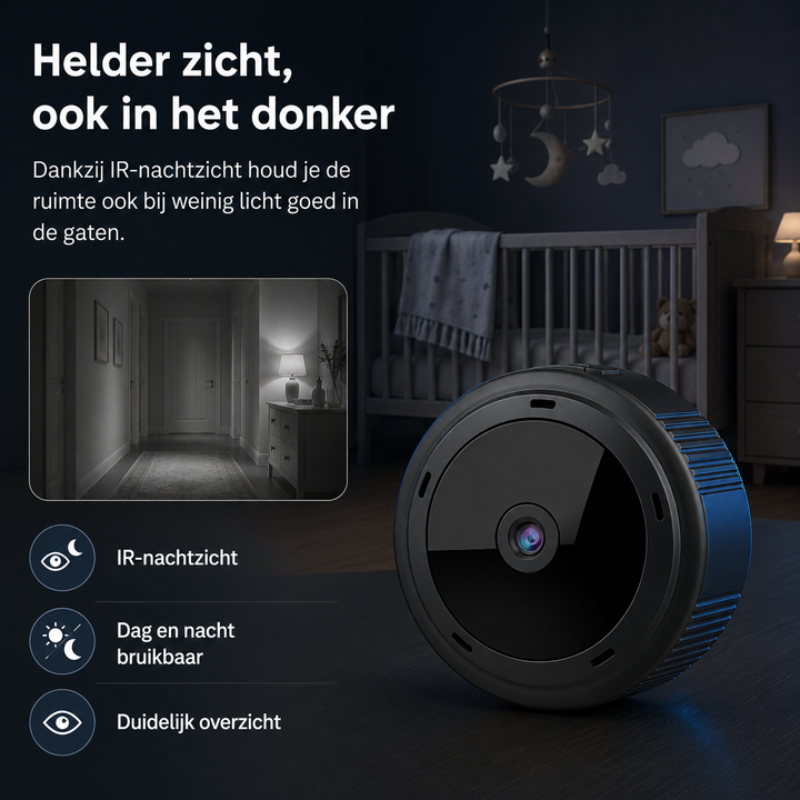 Draadloze Full HD beveiligingscamera voor huisbeveiliging met bewegingsdetectie en nachtzicht.
