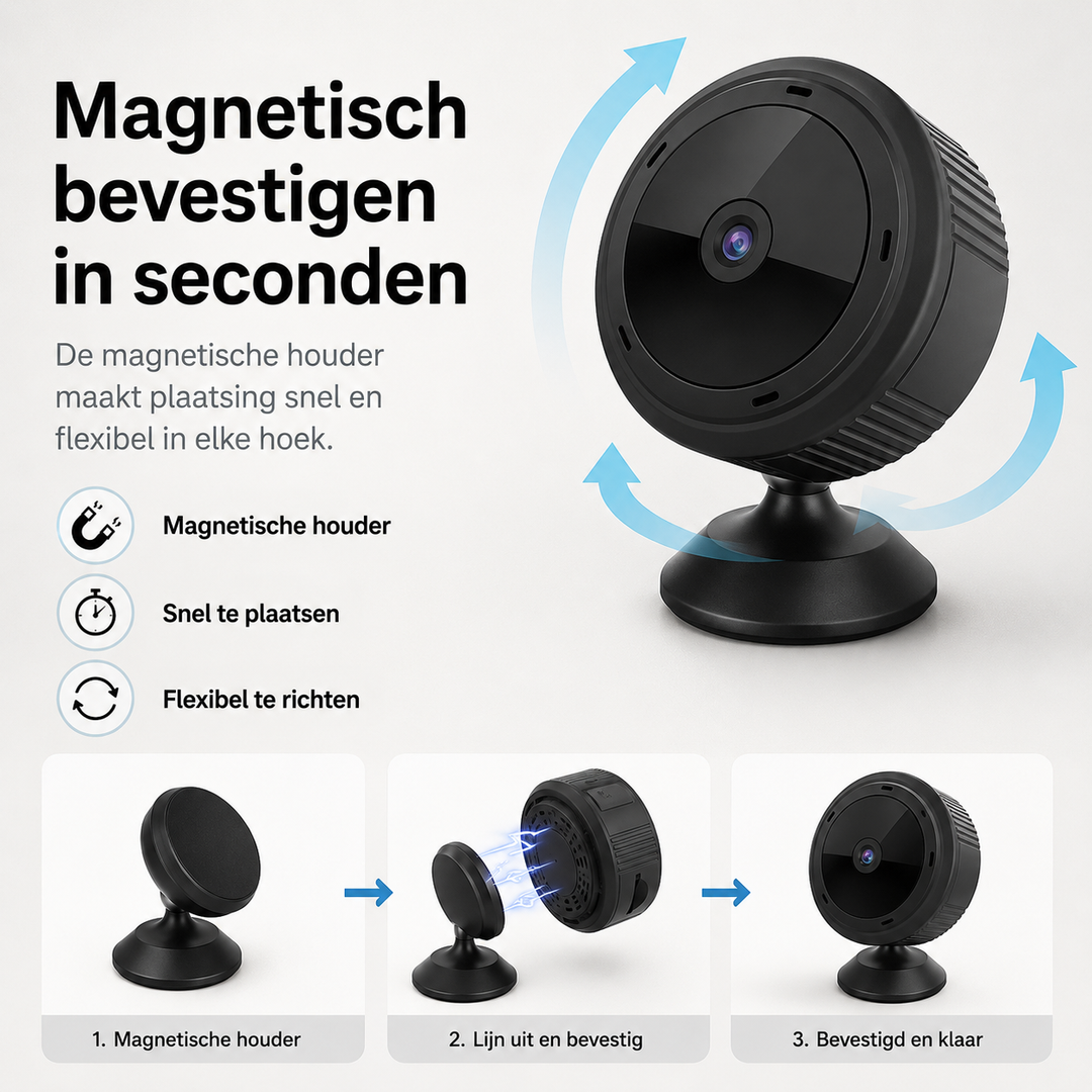 Kleine beveiligingscamera met scherp 1080P Full HD beeld en infrarood nachtzicht voor donkere ruimtes.