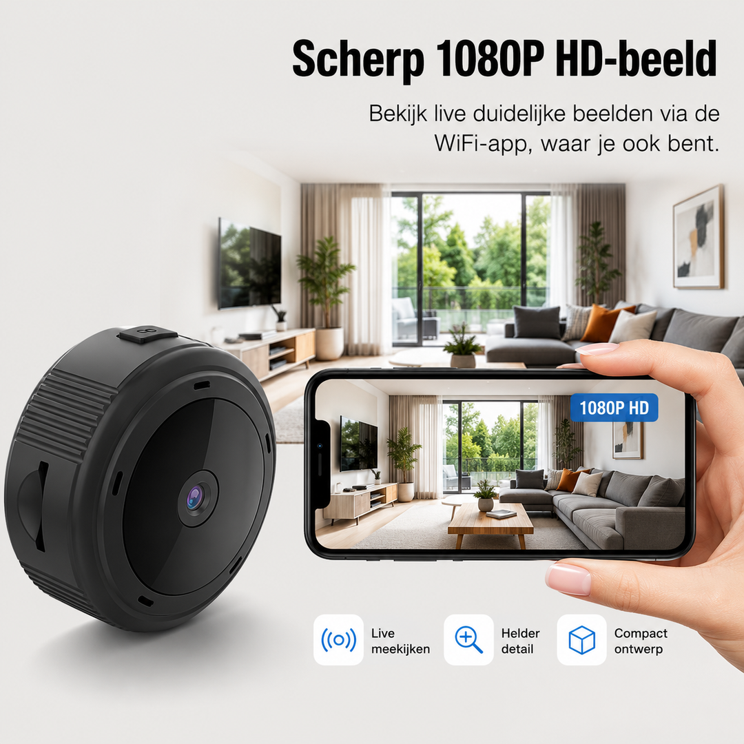 Draadloze Mini WiFi camera voor eenvoudige binnencamera installatie met live Full HD videostream.