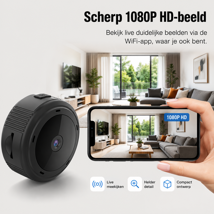Draadloze Mini WiFi camera voor eenvoudige binnencamera installatie met live Full HD videostream.