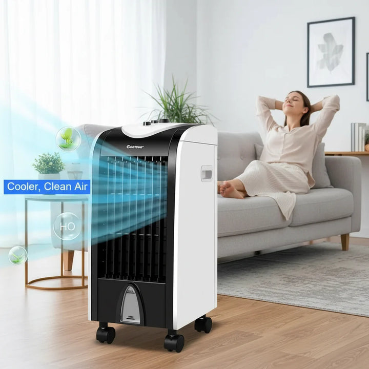 Efficiënte aircooler met verdampingssysteem. Eenvoudig te verplaatsen mobiele ventilator en luchtkoeler voor direct comfort.