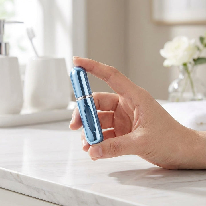 Compacte navulbare parfumverstuiver, ideaal voor reizen en handbagage. Lekvrij aluminium reisflacon.