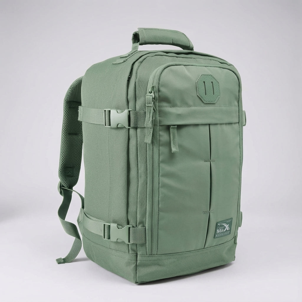 Compacte NomadLite 30L reisrugzak, getoond met open rits, onthult handige interne organizer vakken.