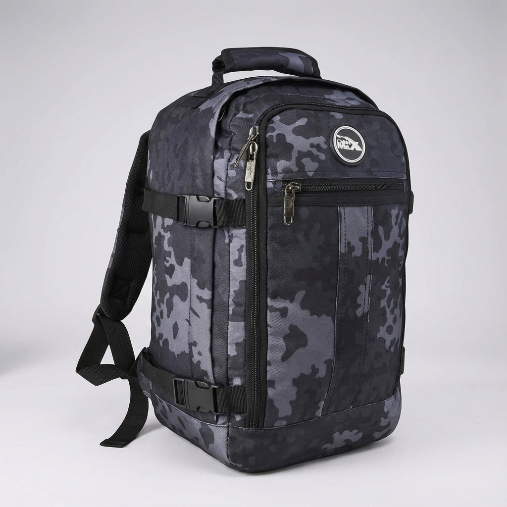 Zwarte NomadLite 30L reisrugzak, efficiënte handbagage die onder elke vliegtuigstoel past, met ruime organizer.