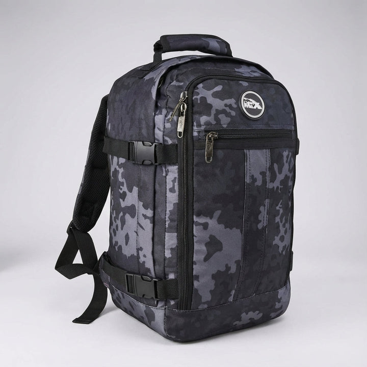 Zwarte NomadLite 30L reisrugzak, efficiënte handbagage die onder elke vliegtuigstoel past, met ruime organizer.