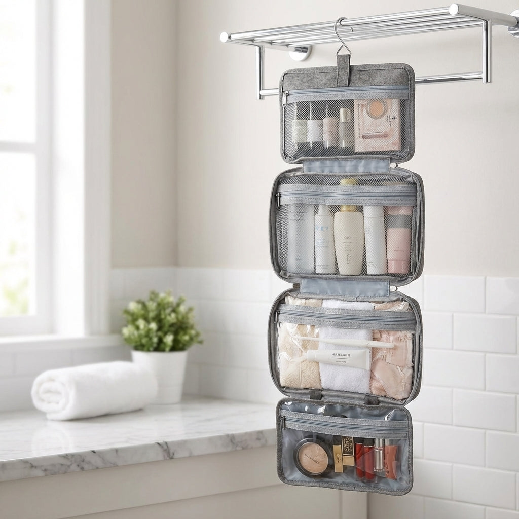 Compacte opvouwbare toilettas met rits, ideaal voor reizen en organiseren van cosmetica.