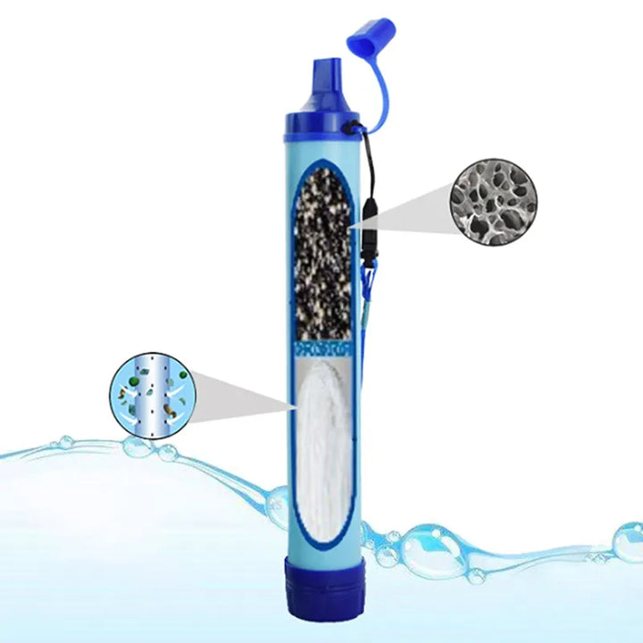 "Compacte outdoor survival waterfilter, viertraps systeem, lichtgewicht en draagbaar voor veilig drinkwater onderweg."