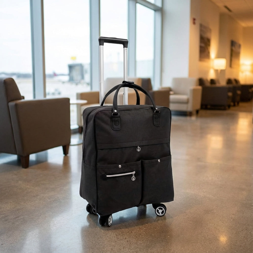 Compacte SwiftCabin cabinekoffer van Oxford stof met 4 spinnerwielen, ideaal als handbagage voor zakenreizen.