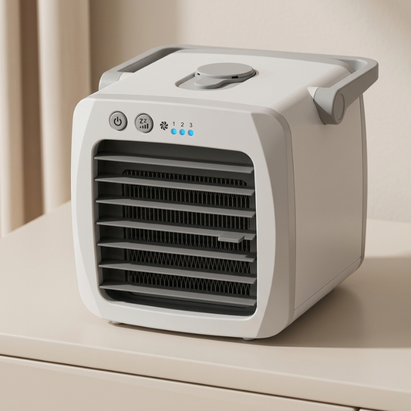 Compacte USB luchtkoeler, ideaal als draagbare ventilator voor snelle koeling op bureau of in slaapkamer.